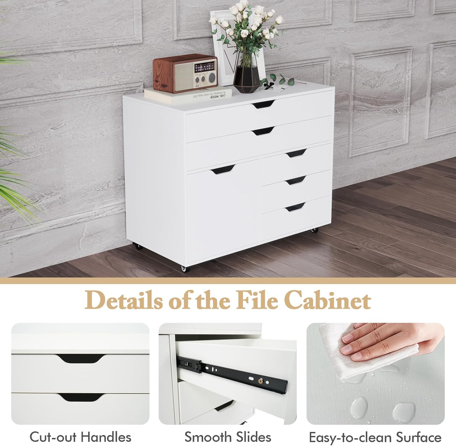 MAT EXPERT 5-Drawer Mobile File Cabinet w/Door, Lateral Filing Cabinet w/5 Universal Wheels, Rolling File Cabinets with Storage, Modern Wood Printer Stand for Home Office, Living Room, Study (White)