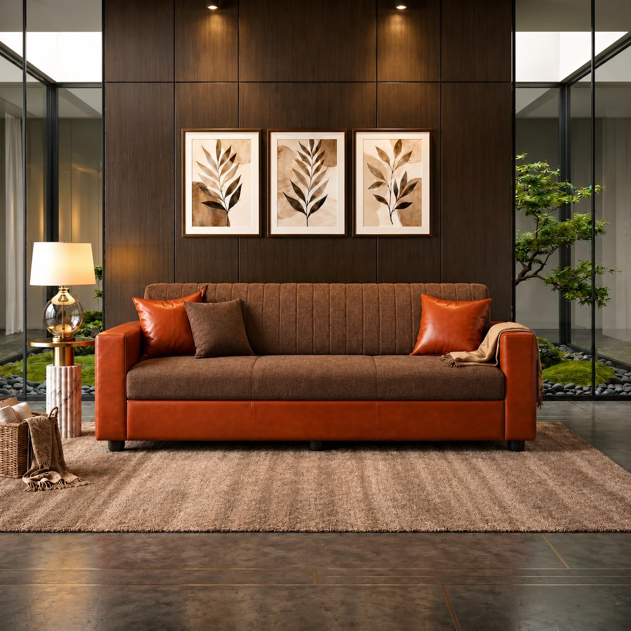 Double Tone 3 Seater Sofa Couch, Upholstered Fabric & Faux Leather Sofa with Channeled Backrest, Living Room with Solid Wood Frame & Pillows, (74”) Brown and Tan-image-44