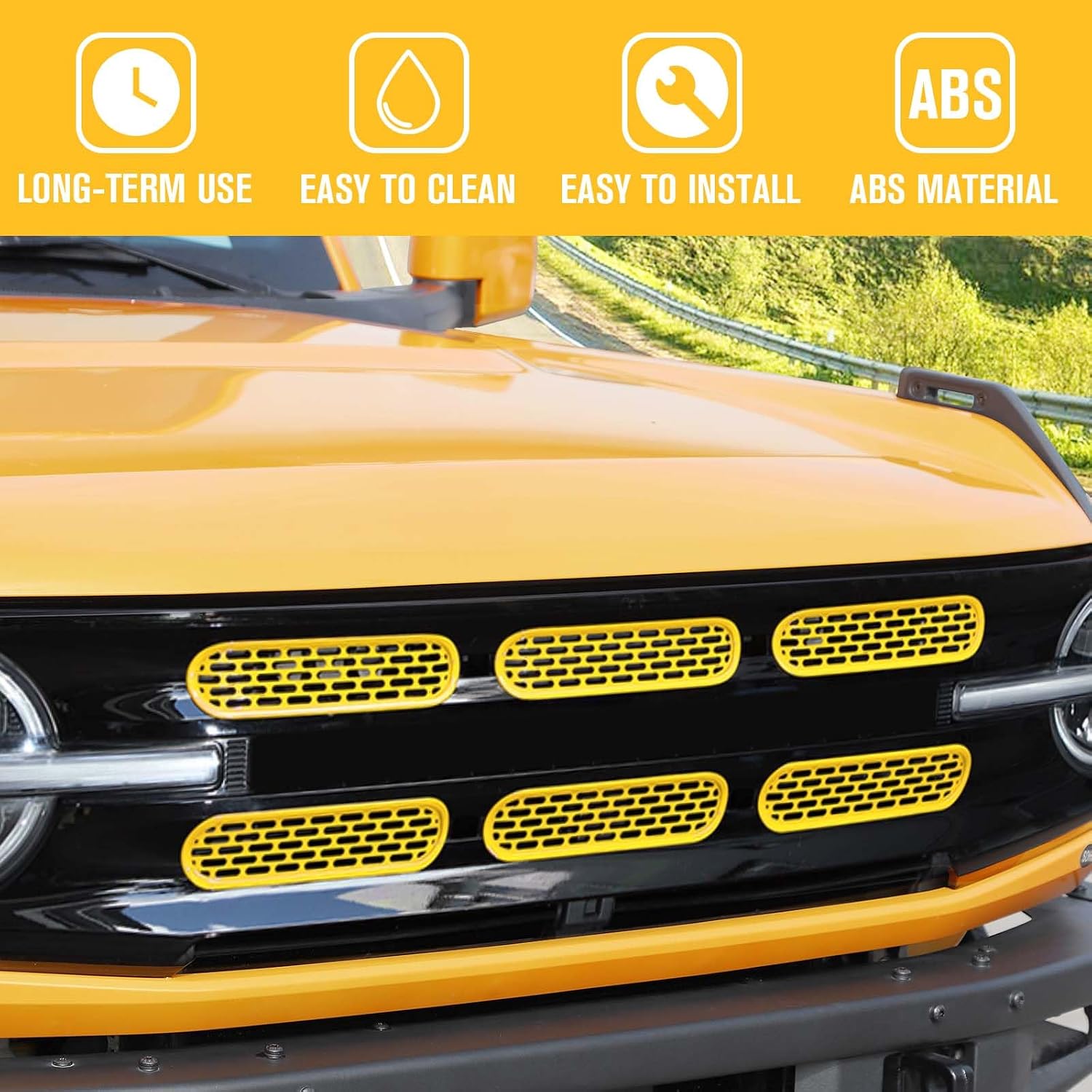 Jimen Compatible with Ford Bronco 2021-2023, 6PCS Front Grille Inserts Mesh Grill Cover Exterior Trim Accessories (Yellow) image 4
