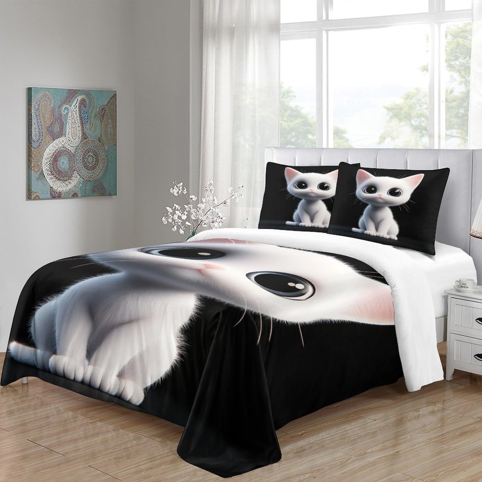 Gattino carino 3D Stampa Coperteletto 3pz Microfibra Leggera Fumetto digitale Coperta Letto 2 federe Antimacchia Adolescenti Adulti Giovani Super king（260x220cm）
