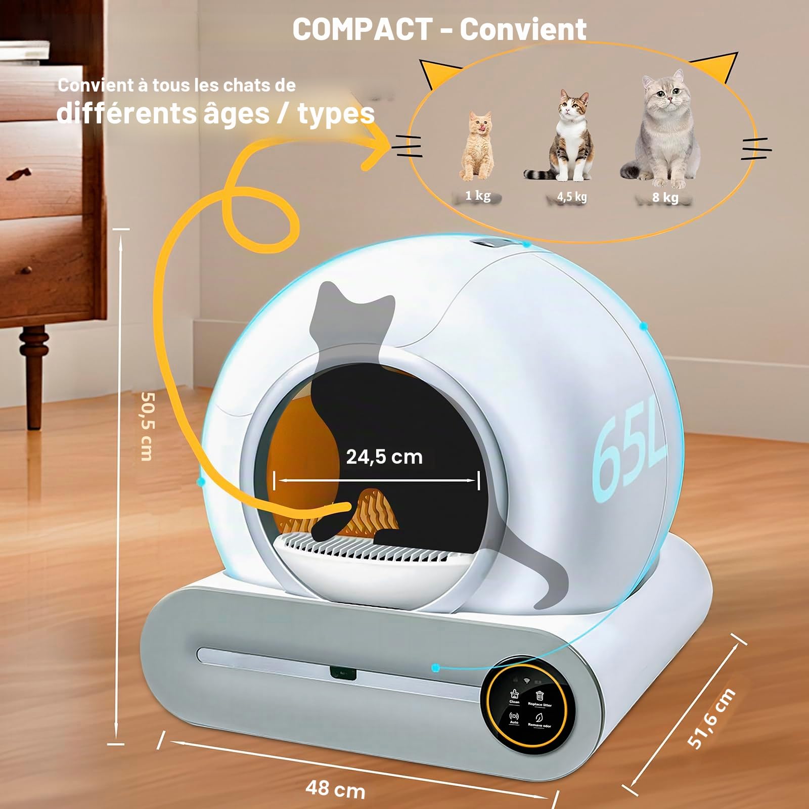 Litière autonettoyante pour chat avec 2 rouleaux de sacs poubelle et tapis de litière pour chat, contrôle par application pour plusieurs chats (A)