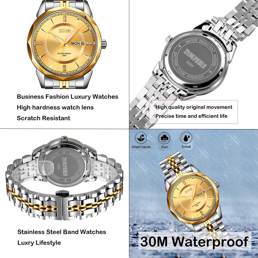 SKMEI Paar Uhren für Paare, Männer und Frauen, für Sie und Ihn, Uhrenset für Ehemann und Ehefrau, Valentinstag, passende Hochzeitsgeschenke, Edelstahl, Luxus, Business-Gold-Armbanduhr, Goldfarbenes