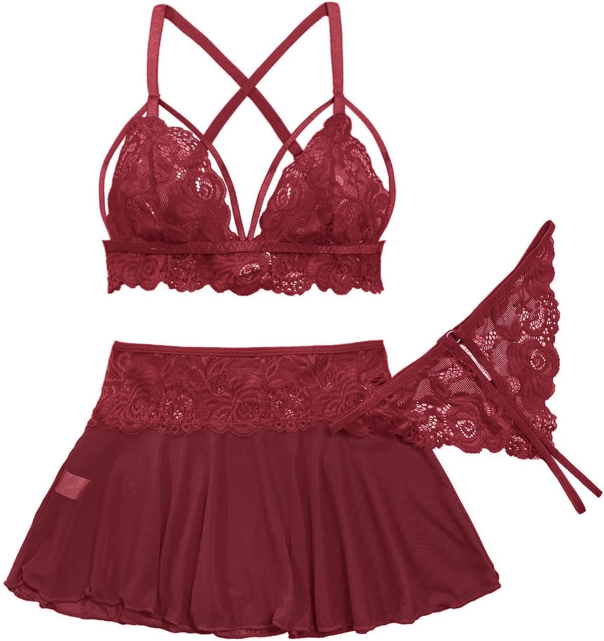 Sexy Mini Skirt with Thong Floral Lace Sheer Bralette Lingerie Set 3 Piece Otufits - Image 5