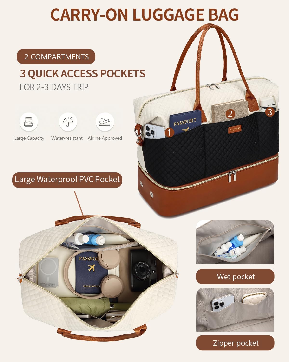 Travel Bag for Women, Weekender Bags Large Carry On Overnight Bag Duffel with Separate Shoes Compartment & Strap, Hospital Bags for Labor and Delivery, Beigeblack Brown