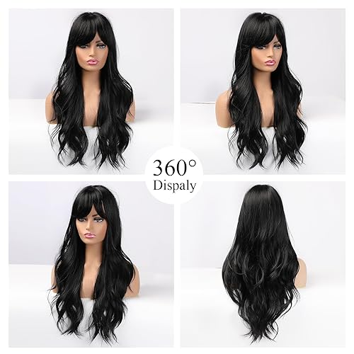 Miniatura 2 de Pelucas negras con flequillo de cortina, pelucas onduladas largas en capas para mujer, peluca de repuesto de cabello sintético de aspecto natural
