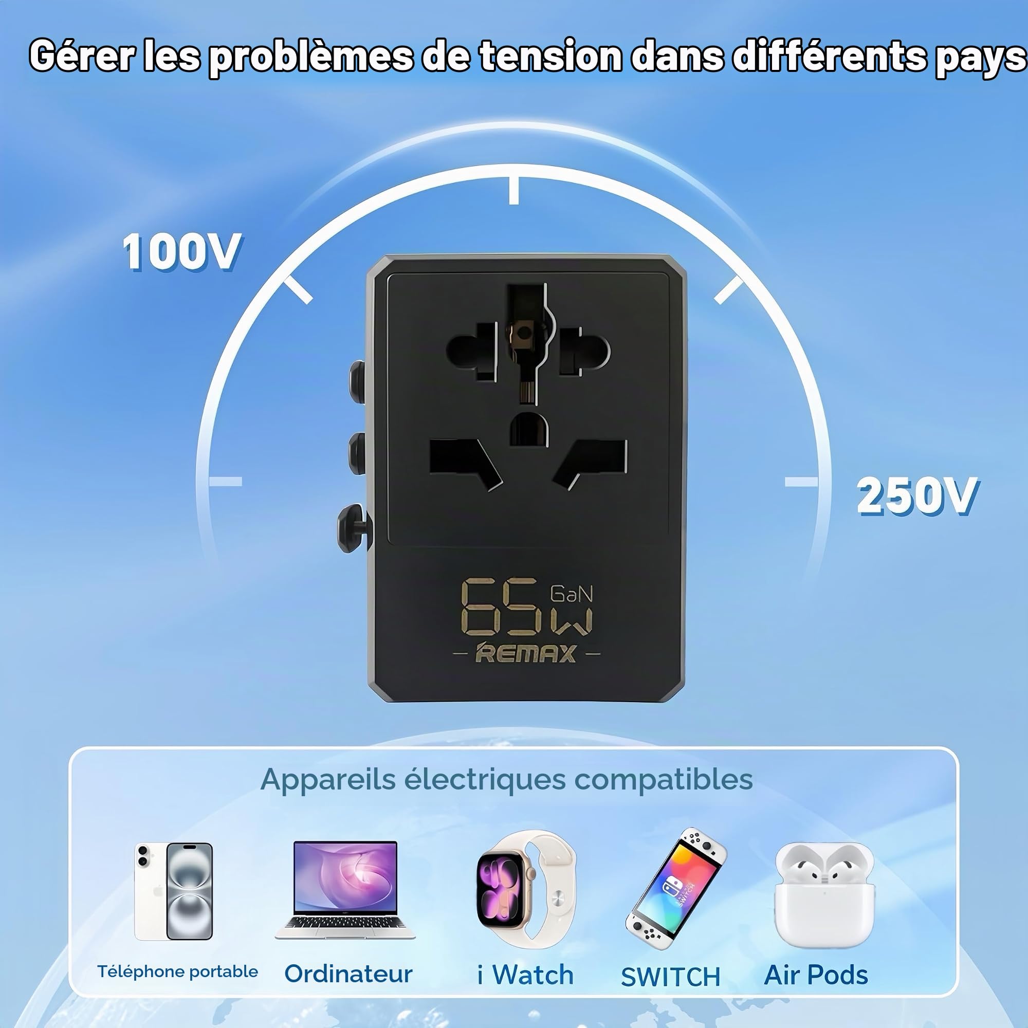 LERON LERON Chargeur USB C 65W, Adaptateur Voyage Universel avec 4 Ports Type C, Prise UK US UE Australie, Charge Rapide Samsung, Certifié CE ROHS FCC, Compatible Mondiale