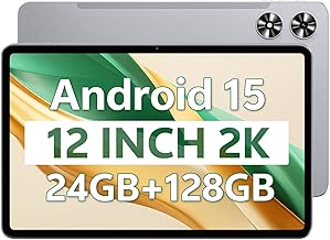 Tablet de 12 pulgadas, tableta Android 15, pantalla grande de 12 pulgadas, pantalla 2K, octa-Core, 24 GB de RAM 128 GB de almacenamiento 1 TB expandible, cámara dual de 13 MP, 8000 mAh, GPS, altavoces