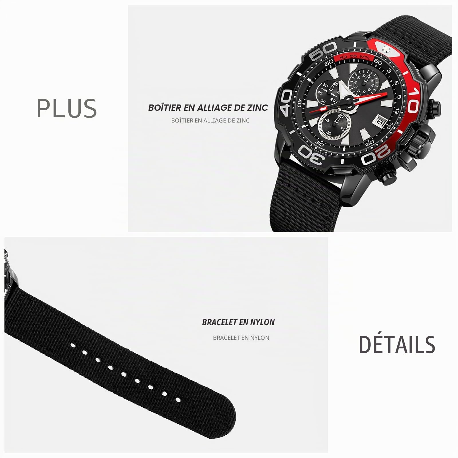 Montre militaire étanche pour homme avec calendrier et aiguille lumineuse
