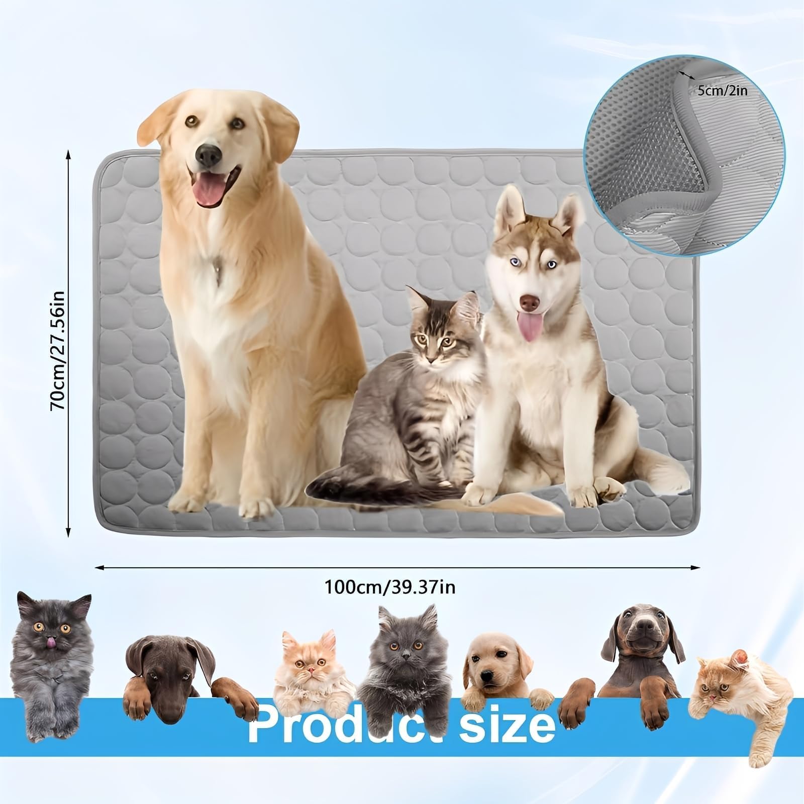Manta Refrescante para Perros, 100 × 70 cm Colchoneta Perro, Seda Hielo Manta Fria para Perros, Gris Alfombra Refrescante Perro, Alta Disipación Térmica, Suave, Adecuada para Perro y Gatos