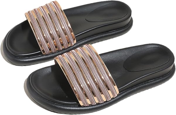 Womens Platform Rhinestone Glitter Slide Sandals Cute bling Slip On Soft Foam insole Round Open Toe Comfort summer Walking beach slippers