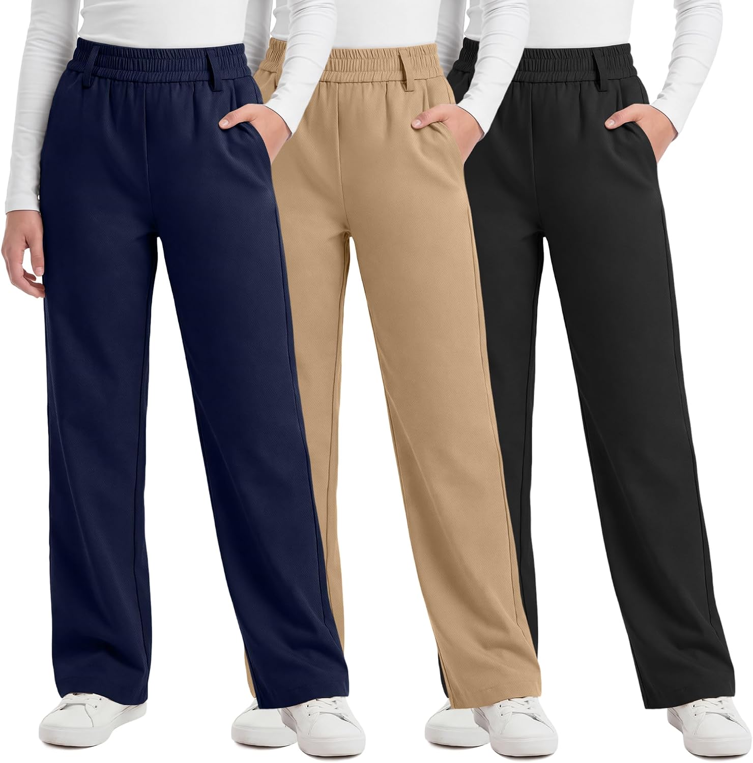 3 Pcs Girls' School Uniform Pants 5-14Y Straight Fit Kids Chino Pants Elastic Waist Trousers with Pockets for Teens