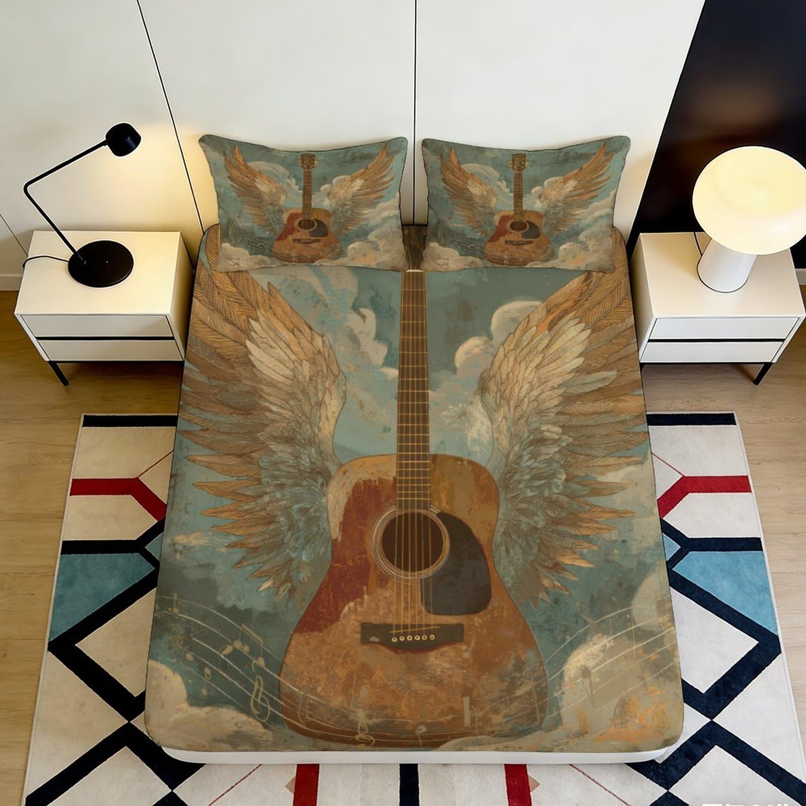 Jqzkxnhpbr Style-7 3D Printed Vintage Guitar Wings Fitted Sheet Microfiber Soft Bed Cover For Bedroom Guest Room Decor 90X200x25cm