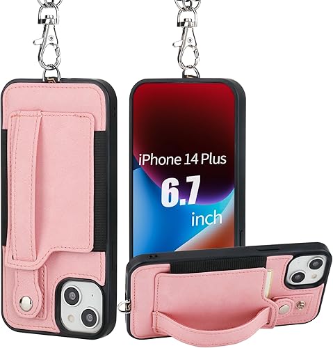 Miniatura 10 de TOOVREN Funda para teléfono compatible con iPhone 14 Plus, compatible con iPhone 14 Plus, funda con correa para tarjetero, cordón de cuero para