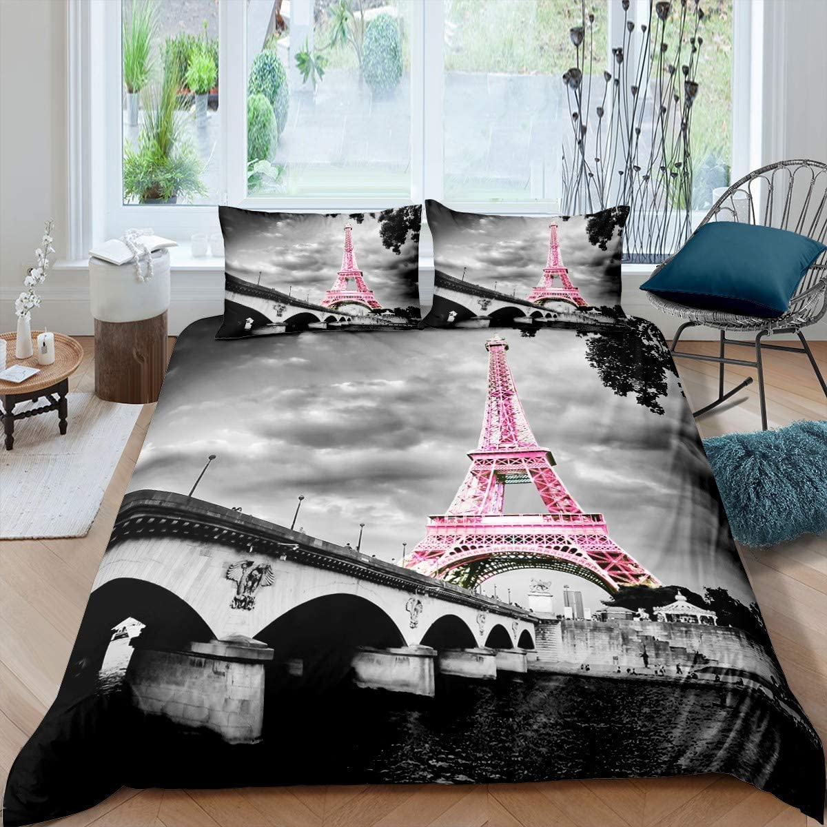 Loussiesd Eiffel Tower Bedding Set Girls Chic Pink Paris Theme Bedclothes Duvet Cover Set For Kids Teens Modern Paris Cityscape Comforter Cover Modern French Bedclothes Single Decor 2 Pieces โ image 1