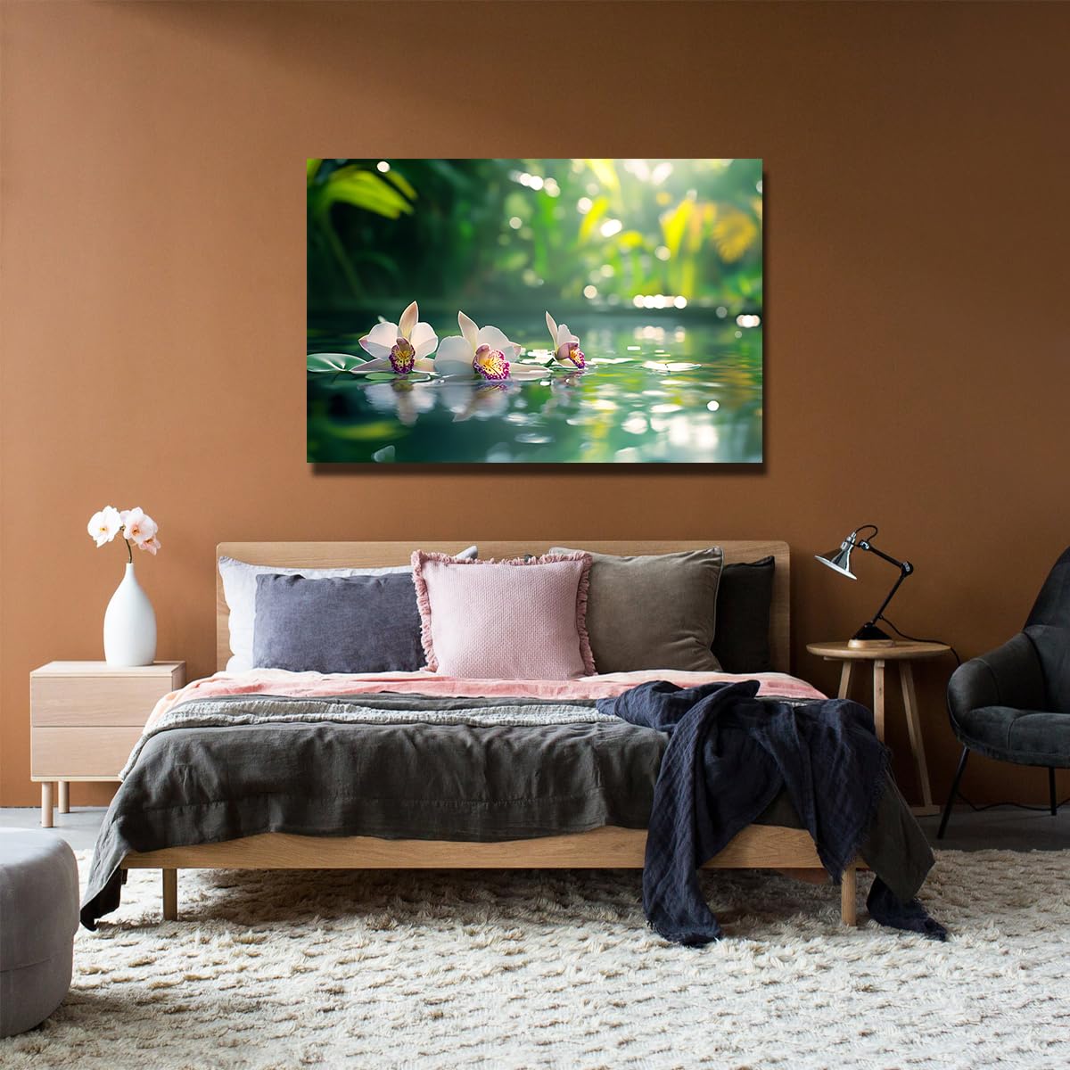 Via Vela Orchidea woda oprawione płótno wydruki korytarz Zen ogród kwitnący obraz pływające płatki obrazy spa sztuka ścienna do łazienki dekoracja 70x105cm
