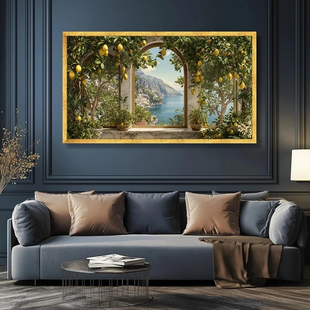 LTjiajuypd Lemon Grove Canvas Prints Wall Art, Scenic Coastal View Arch Window Landscape Decor Nature And Fruit(70X140cm)