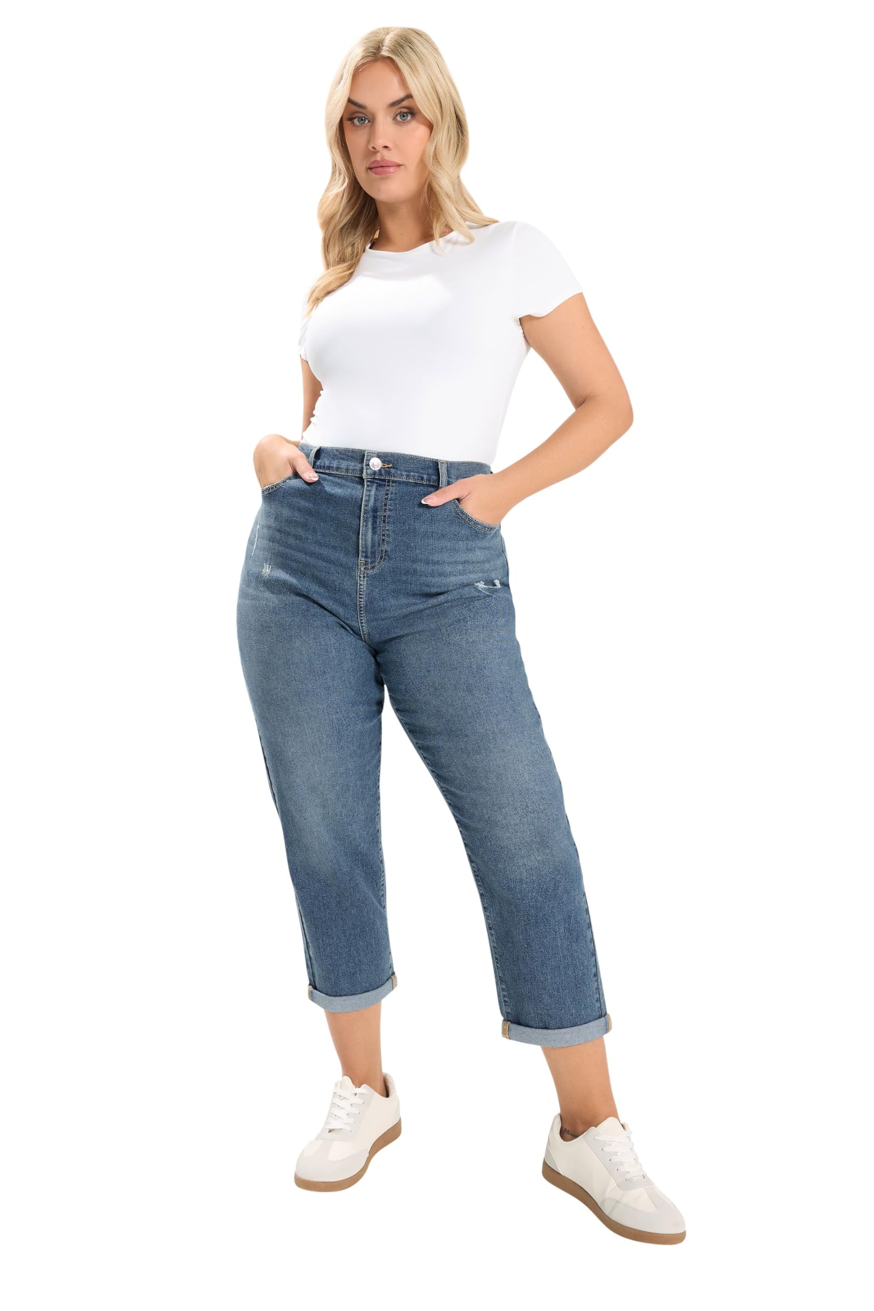 Yours Women's Mid Blue Curve Distressed Boyfriend Jeans - Plus Size Curve
