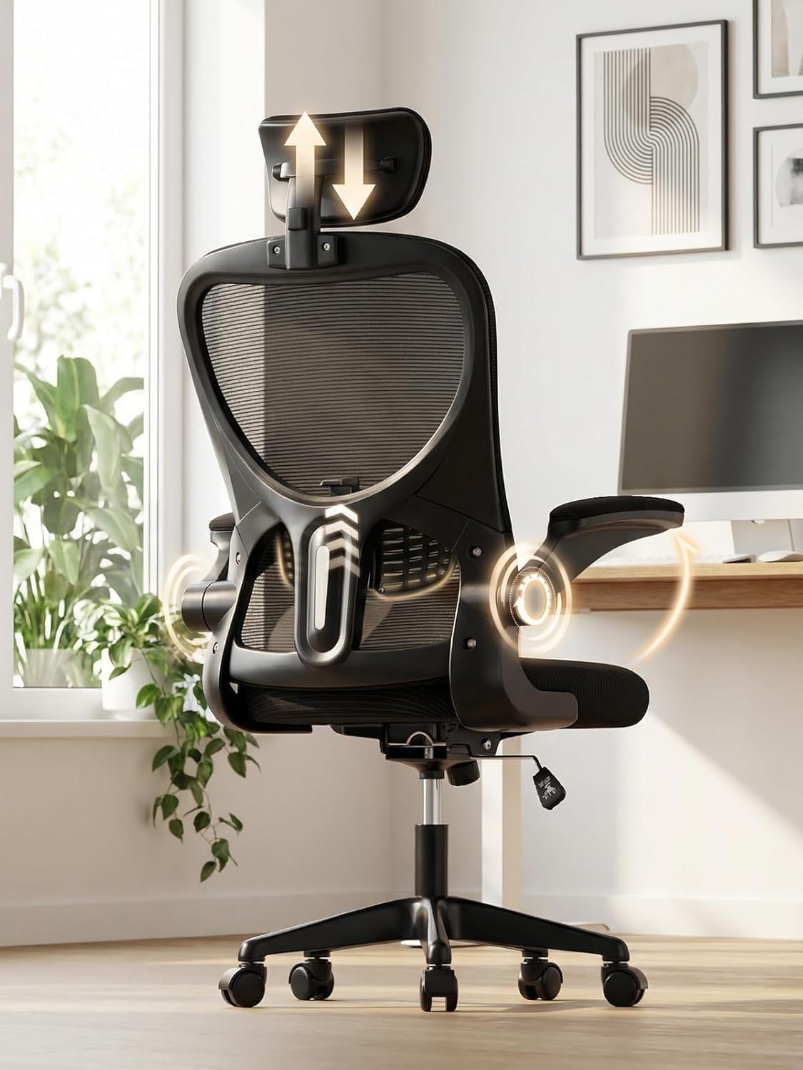 Bürostuhl, ergonomischer Schreibtischstuhl mit Verstellbarer Lendenwirbelstütze und Kopfstütze, Computerstuhl mit hoher Rückenlehne aus Netzgewebe und hochklappbaren Armlehnen