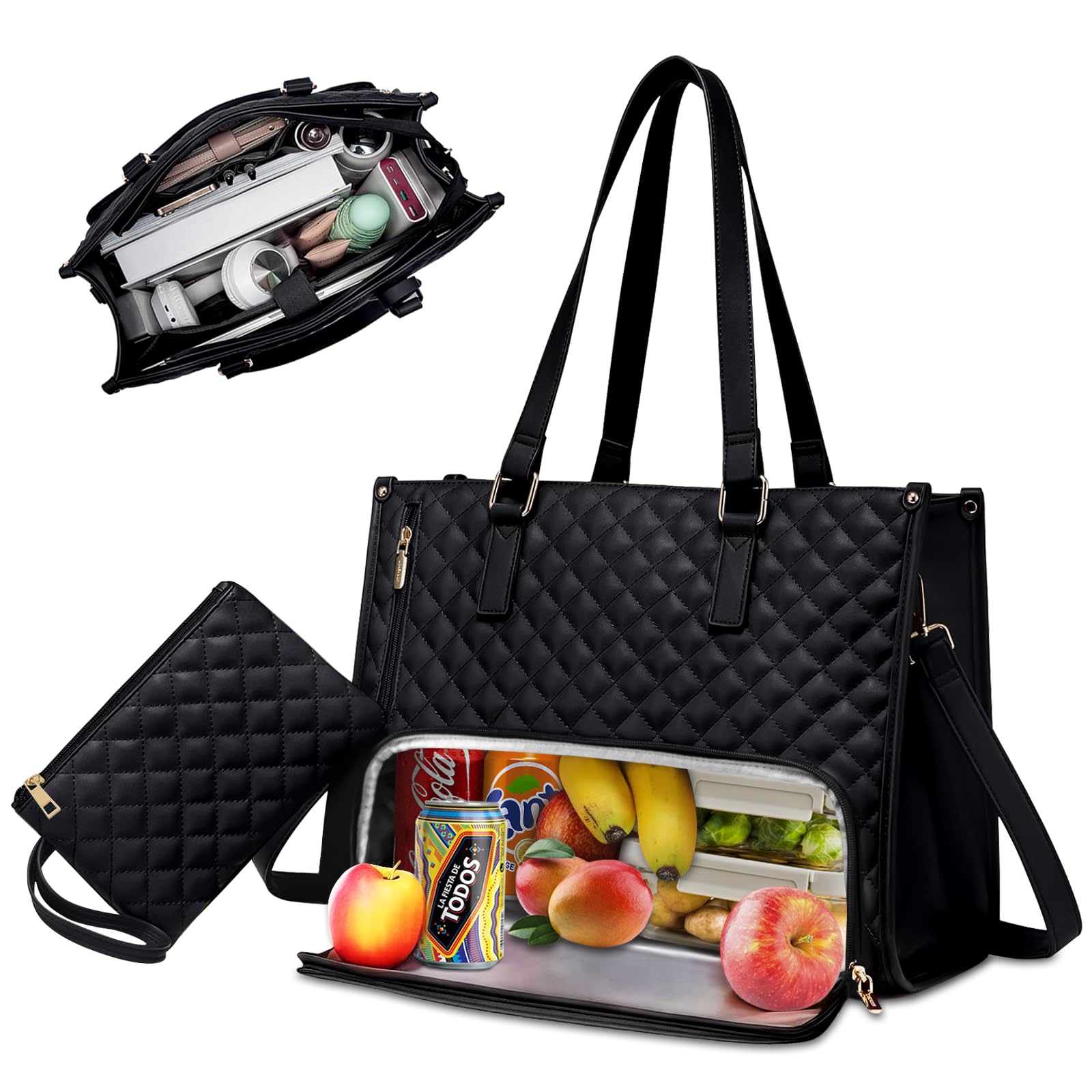 2-in-1 Borsa Termica Porta Pranzo e Borsa da Lavoro Donna - Tote Bag Donna con scomparto pranzo - Porta PC di Grande Capacità con Piccolo Portafoglio e Lunch Bag (Nero)