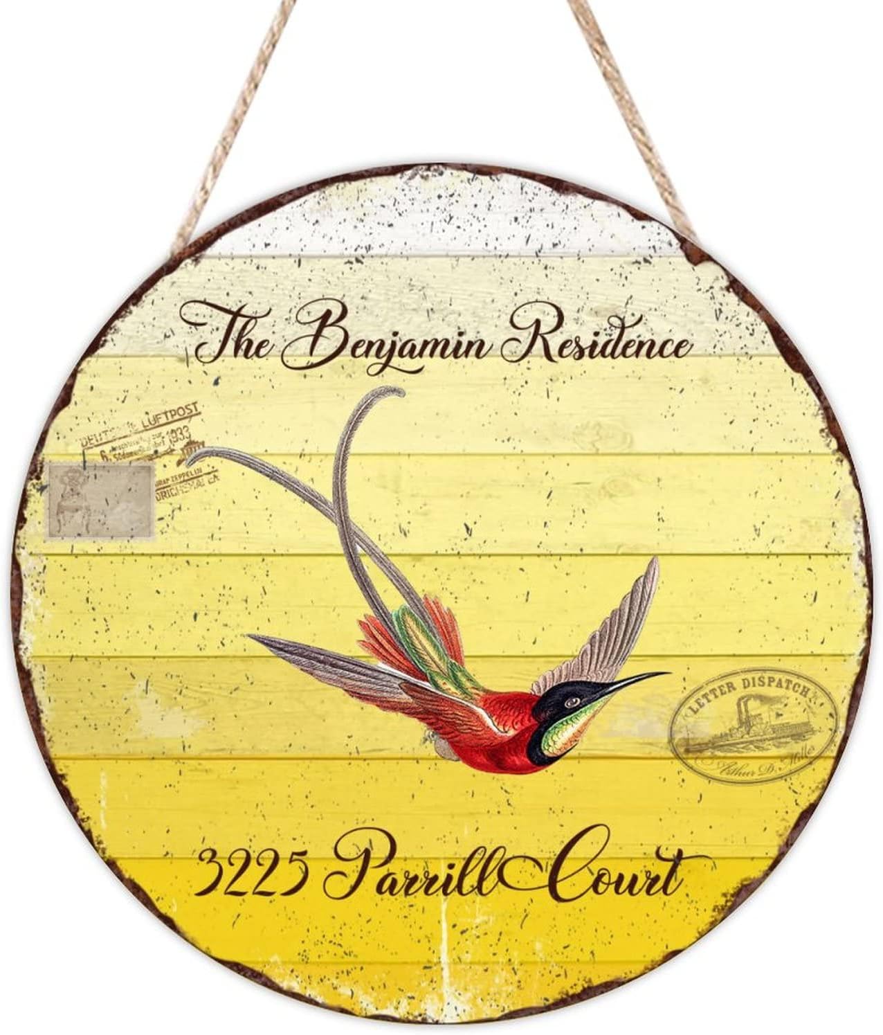 Custom Name Home Address Hummingbird Wood Door Sign, Custom Family Name Round Door Hanger Sign, 16" x16" Wall Hanging Sign Plaque, Decor for Outdoor Front Porch Farmhouse Housewarming Gifts