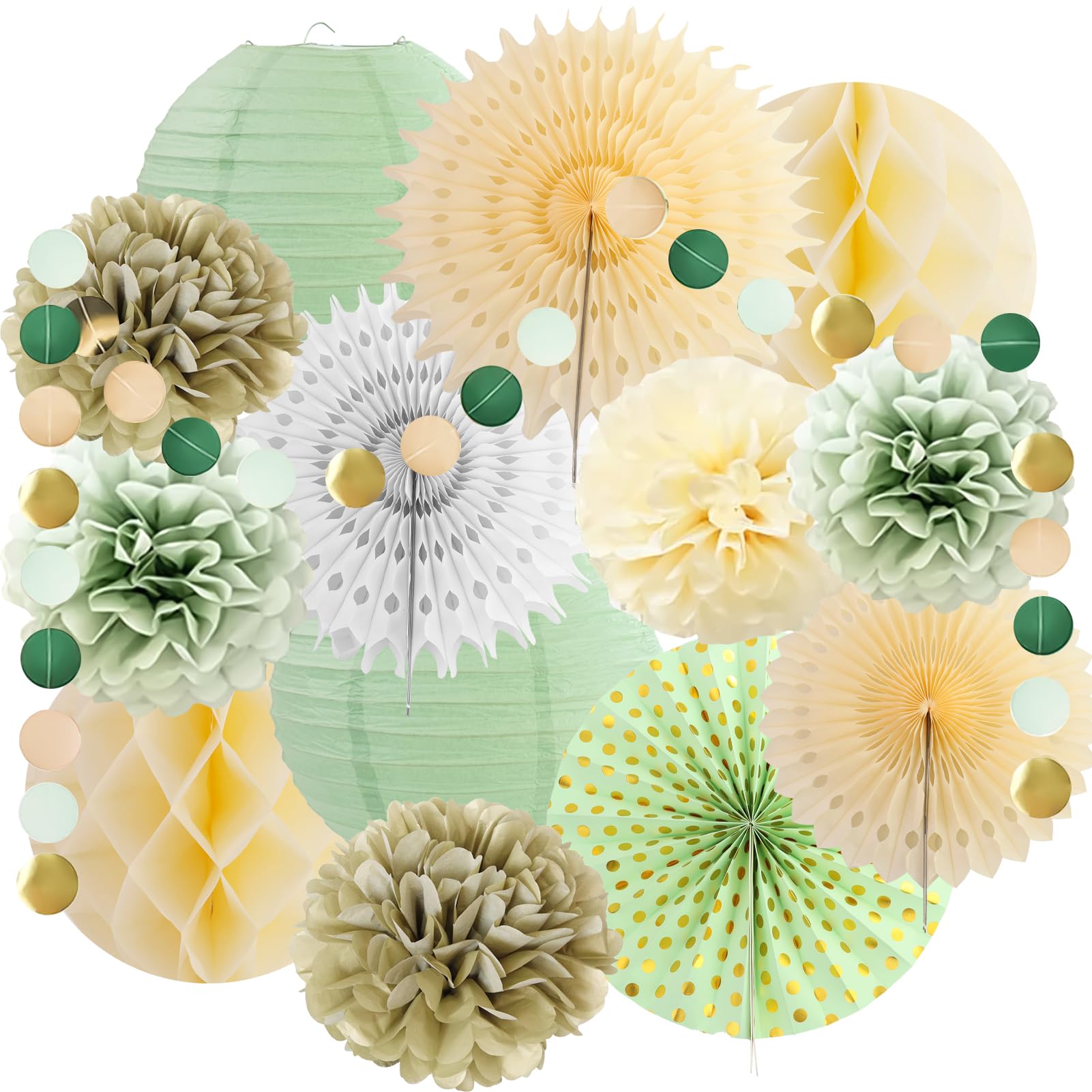 15 Pezzi Decorazioni Feste Sage Green con lanterne Carta, Sfere Carta, Ventilatori carta, Pois Dorati Fiori, Decorazioni in carta verde,per Compleanno, Baby Shower
