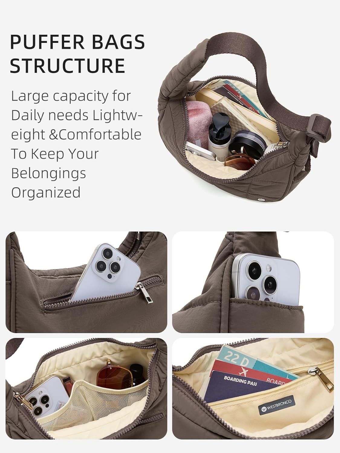 WESTBRONCO Small Puffer Crescent Shoulder Bag for Women, Nylon Quilted Shoulder Purses, Puffy Handbags with Adjustable Strap - Image 4