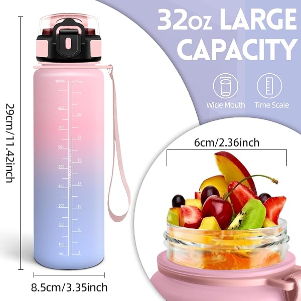 Mujigaga Borraccia 1 litro, Borraccia con Cannuccia, Senza Perdite, Water Bottle Palestra, Facile da Pulire, Bottiglia Graduata, Con Slogan Motivazionale, Borracce per Fitness, Sport, Campeggio - 5