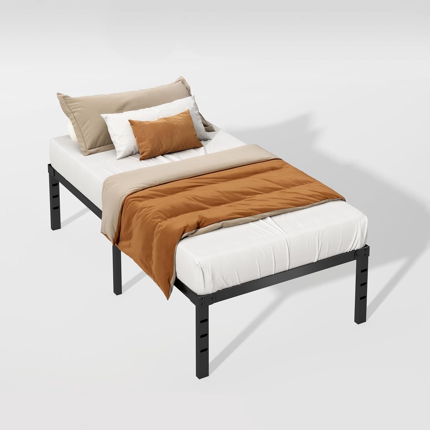 Twin Size Metal Bed Frame, 18 Inch, No Box Spring Needed, Storage Space, Heavy Duty, Non-Slip, Easy Assembly, Durable