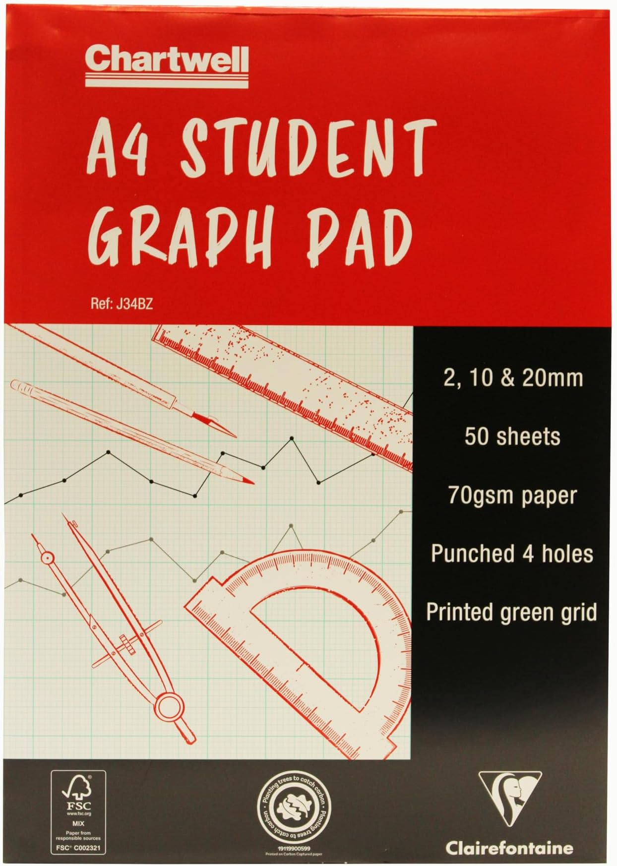 Ref J34BZ - Chartwell Graph Pad (Contains 50 Sheets) - A4 (210 x 297mm) Sized, 2, 10 & 20mm Square Rulings, 70gsm Punched Paper, FSC-Certified