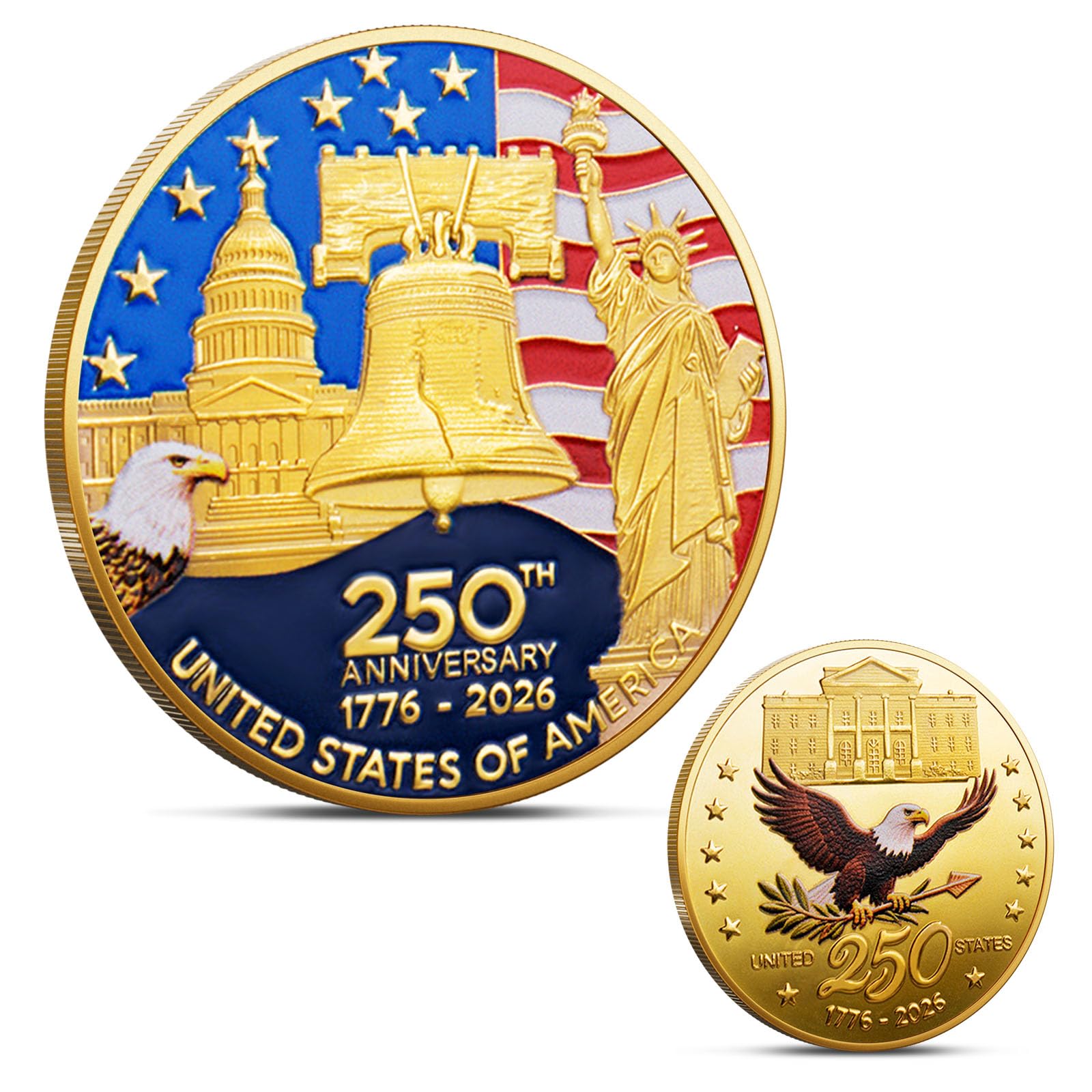 USA 250th Anniversary Coin Commemorative Coin 2026 Gold Plated American Independence Challenge Coin Patriotic Collectible Souvenir Gift for Veterans & History Collectors US 250 America 250 Merchandise
