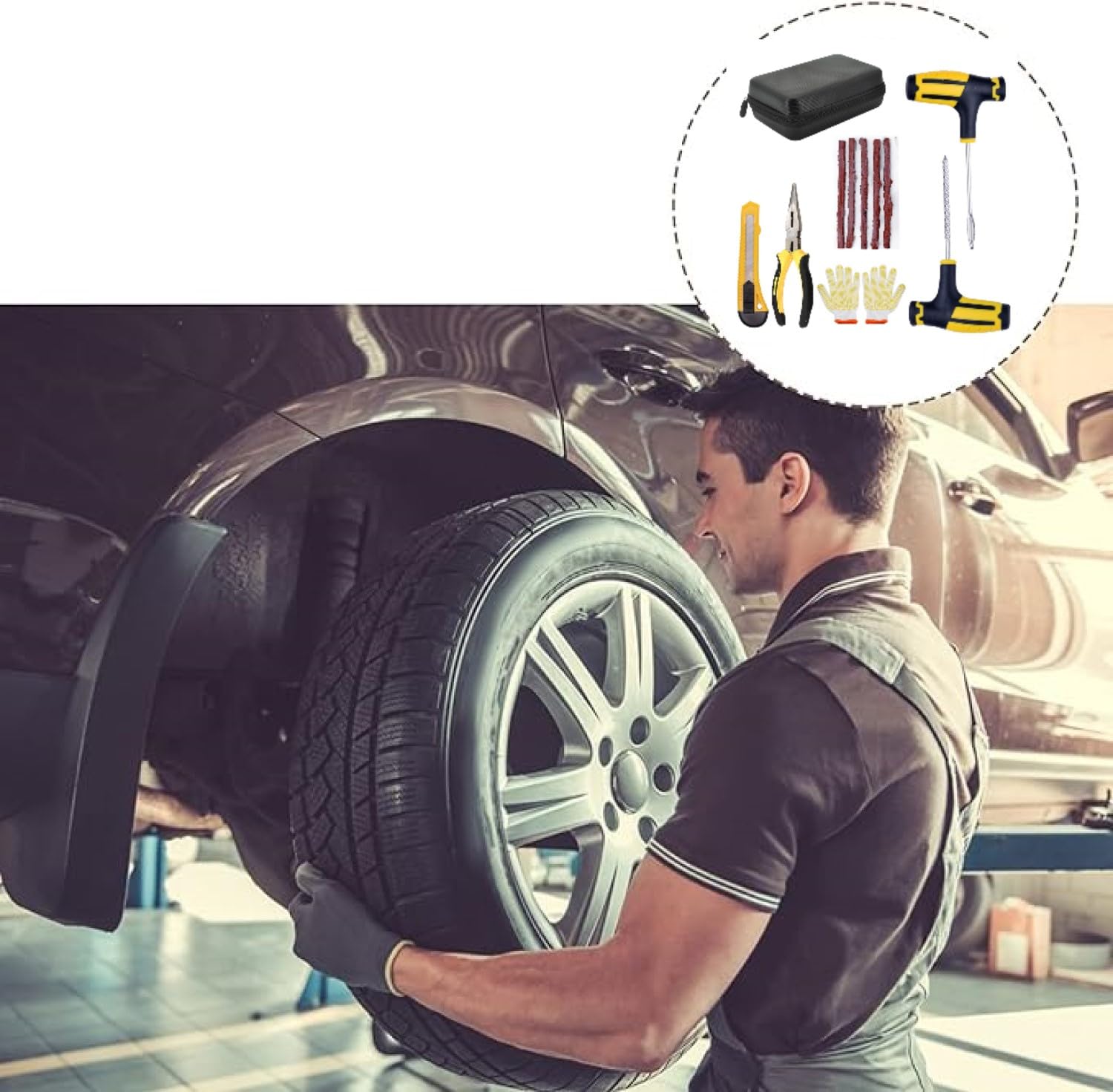 Kit Réparation Pneu 6 Pièces – Réparez Crevaisons Rapides – Inclut Bandes, Lime, Cône + Pochette – Compact Et Efficace Pour Voiture/Moto