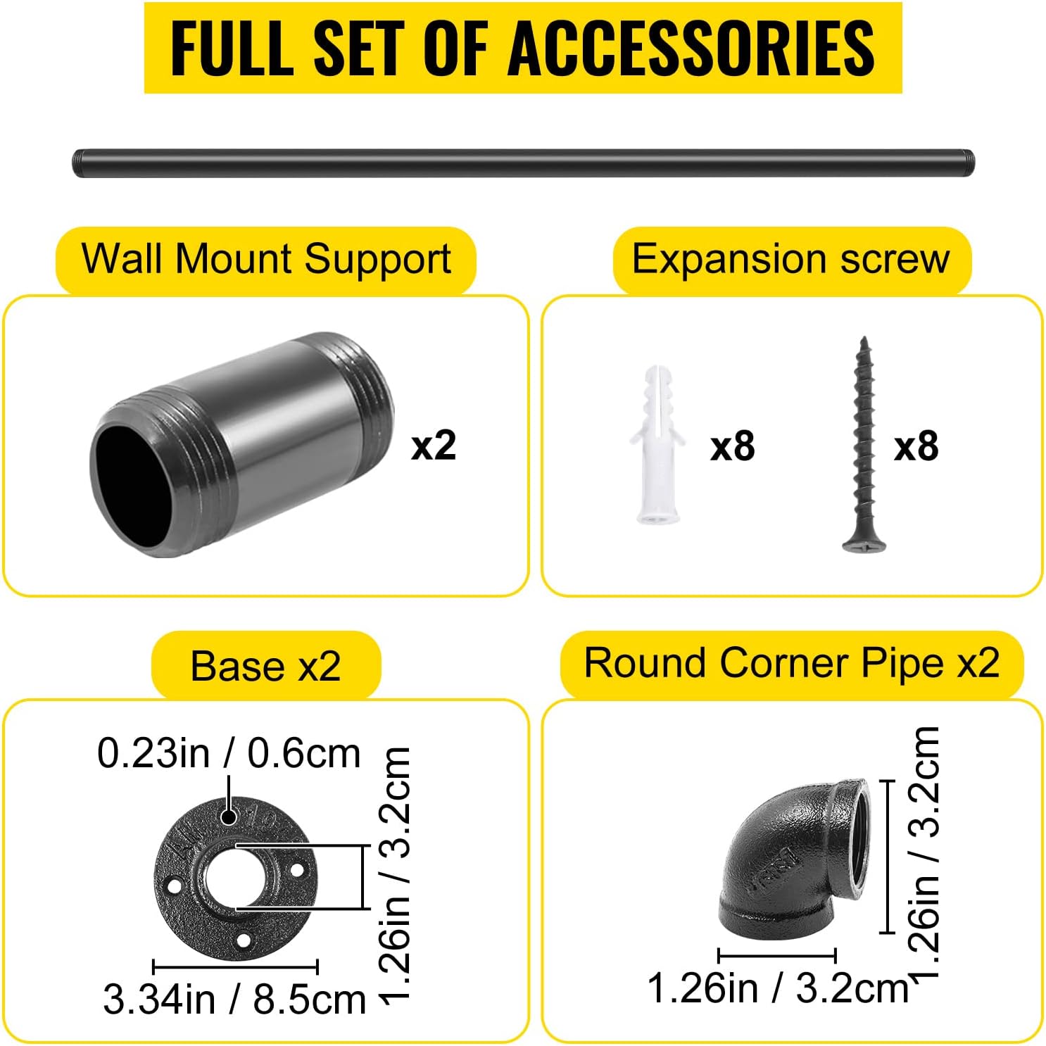 VEVOR Pipe Stair Handrail, 3FT Staircase Handrail, 440LBS Load Capacity Carbon Steel Pipe Handrail, Industrial Pipe Handrail with Wall Mount Support, Round Corner Wall Handrailings for Indoor, Outdoor - - 