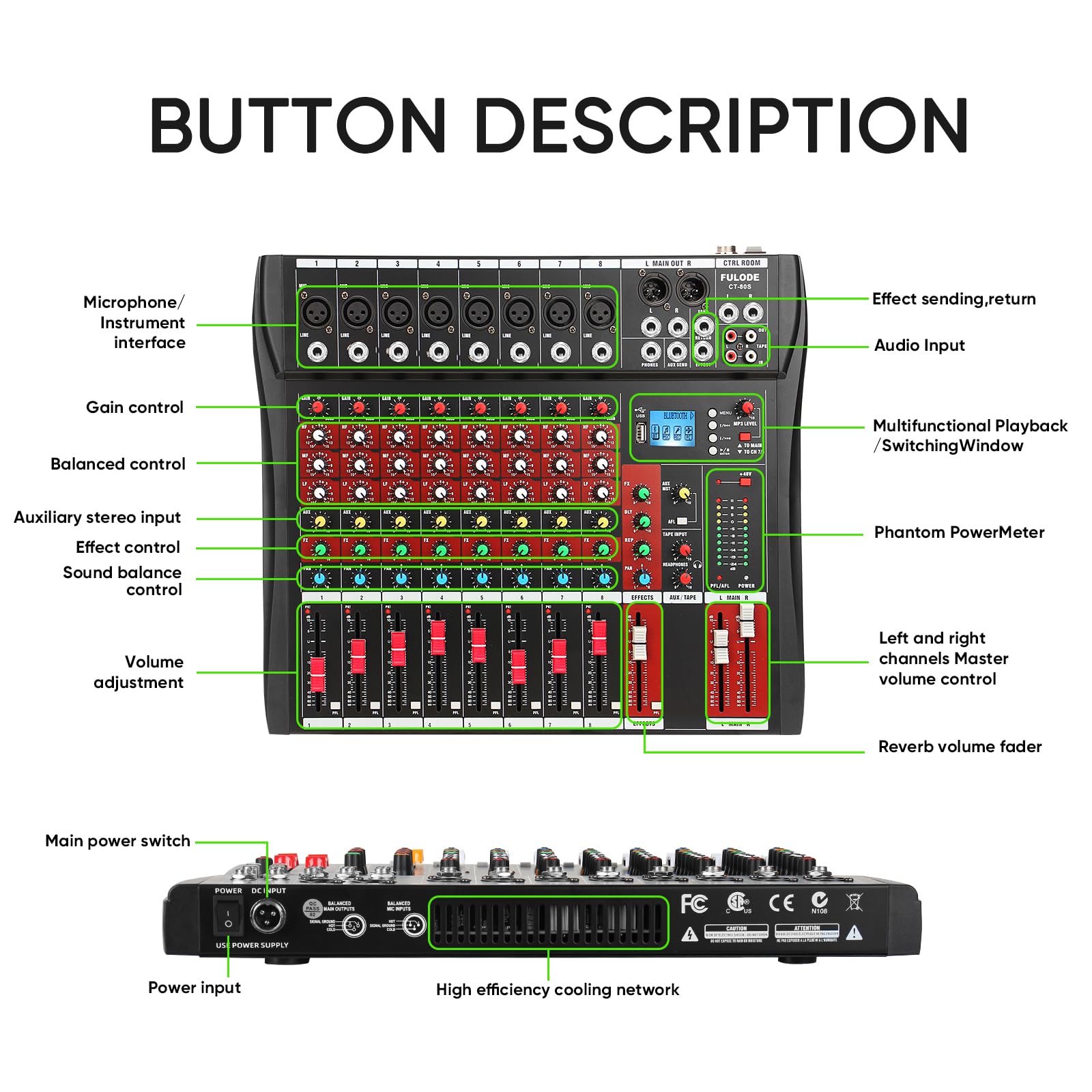 Audio Mixer 8 Channel, CT-80S Professional Sound System Mixer Board DJ Mixing Console with Reverb MP3 Player Bluetooth 48V Phantom Power Supply USB Recording for Studio Karaoke Live Music