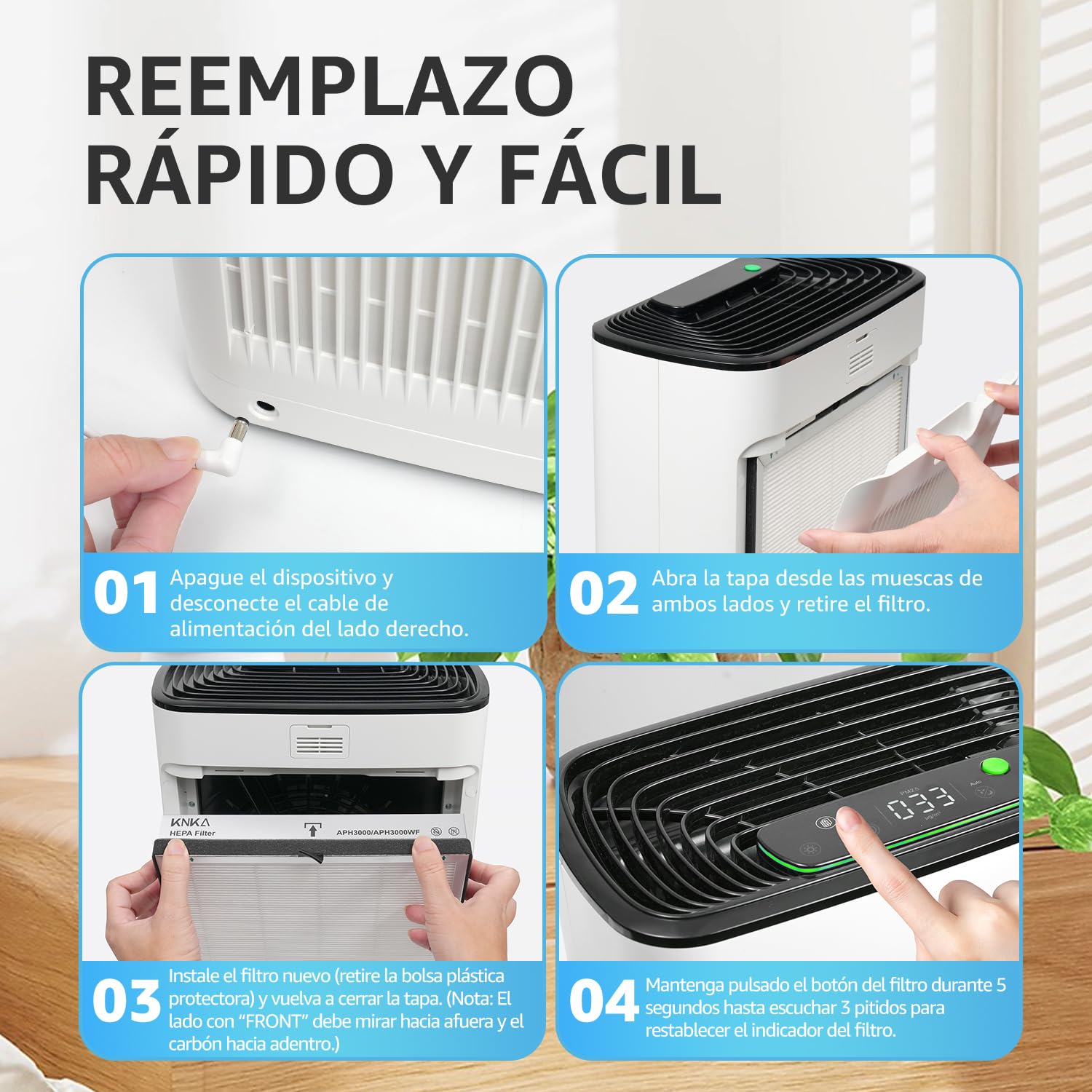 KNKA Filtro de Repuesto para Purificador de Aire APH3000, Paquete de 2 Filtros Combinados HEPA y Carbón Activo, Elimina 99,97% Polvo, Polen y Olores, Duradero