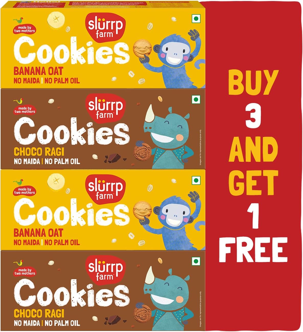 No Maida No Refined Sugar Banana Oat and Choco Ragi Cookies | Buy3Get1 Free | Healthy Cookies Biscuit Made With Multigrains | Perfect for tiffins, travel or snack time | Pack of 4 x 80g