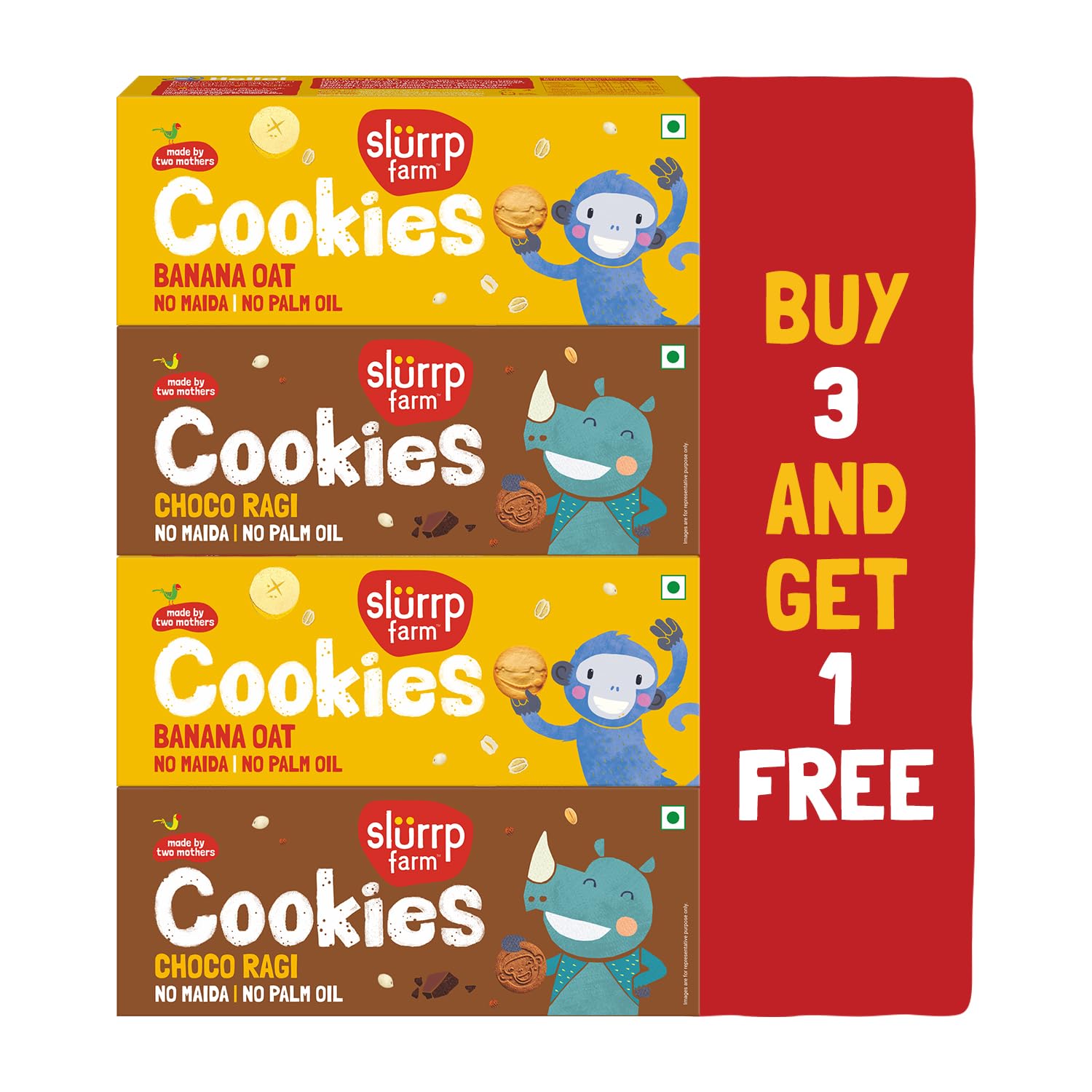 Slurrp Farm No Maida No Refined Sugar Banana Oat and Choco Ragi Cookies | Buy3Get1 Free | Healthy Cookies Biscuit Made With Multigrains | Perfect for tiffins, travel or snack time | Pack of 4 x 80g