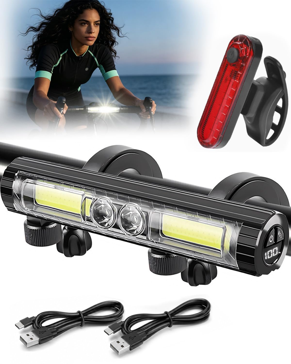 Bike Lights Front and Back, 1500 Lumens Super Bright Rechargeable Bike Lights with Battery Level Display, 8 Modes Front and Rear Bike Lights Sets, IPX4 Waterproof, 3000mah, For Night Riding