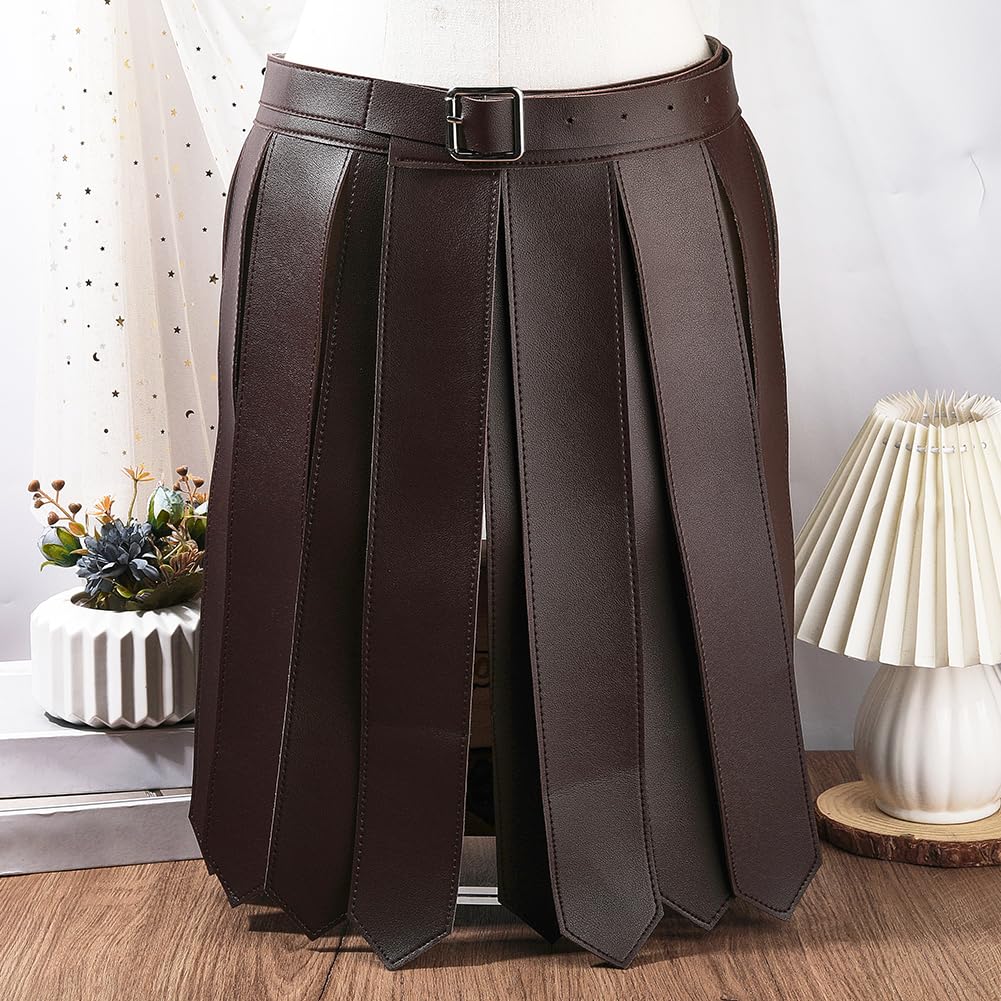 GORGECRAFT Roman Fringe Tassel Skirt Belt Brown PU Leather Renaissance Medieval Viking Adjustable Knight Warrior Armor Waistban Apron Buckle Gladiator Kilt Waist Belts for Cosplay Costume Men Women - Image 3