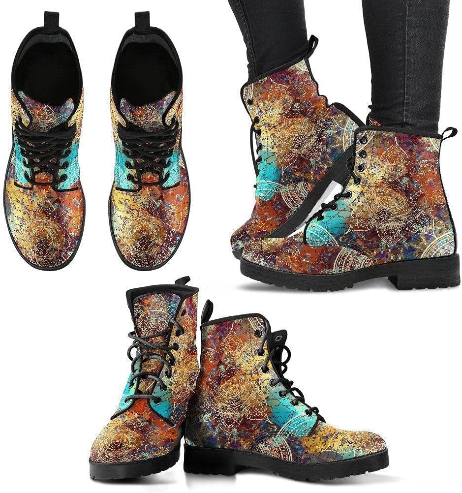 Vintage Mandala Memory Foam Boots | All Season Lace Up Boots | Vegan Leather Combat Boot