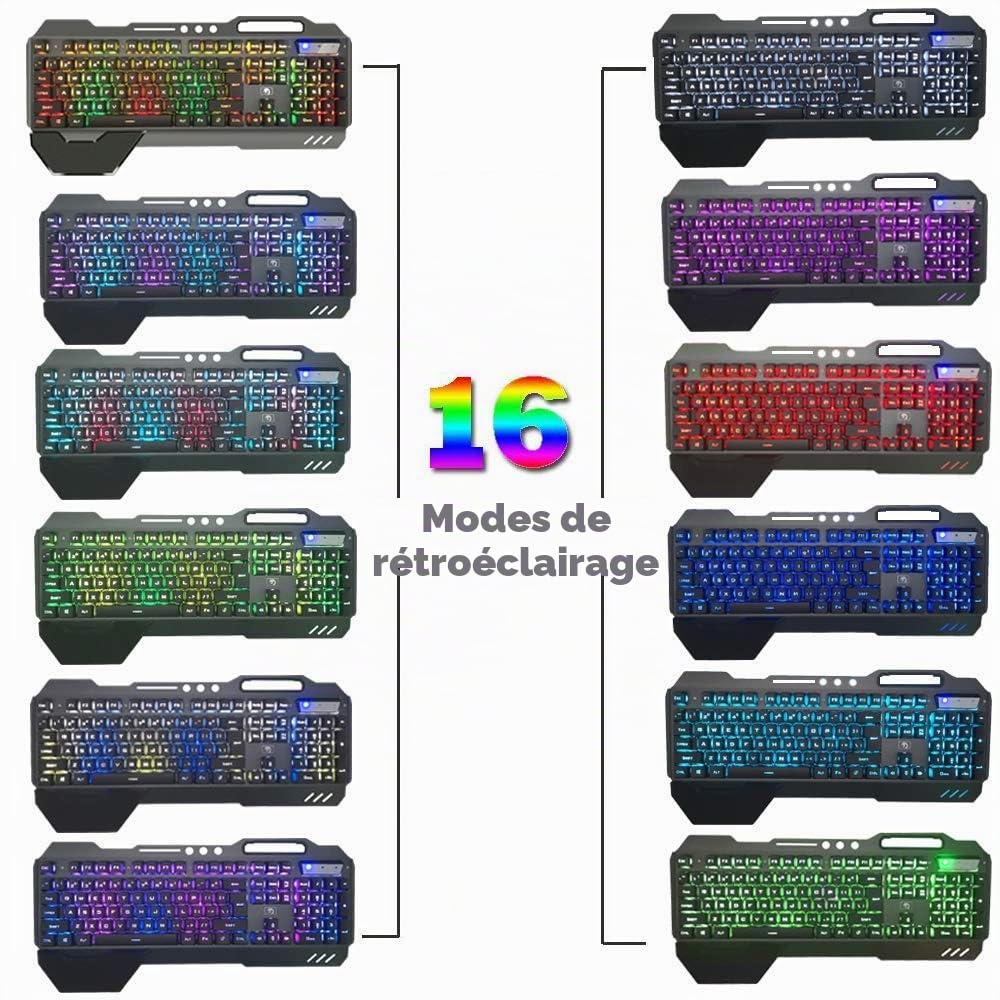 Ensemble Clavier et Souris de Jeu Filaire rétroéclairé à Del RVB avec Plaque métallique 104 Touches, Repose-Main, Clavier Lumineux USB 2400 DPI Optique 6 Boutons + Tapis de Souris Compatible avec