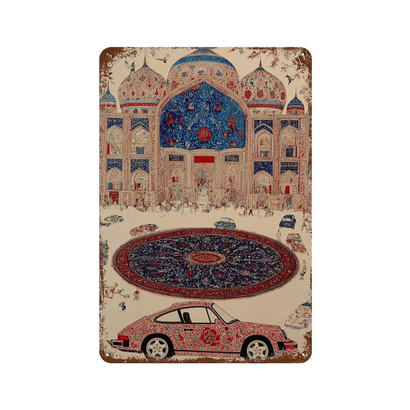 xiaoxiaoshen Persian Car Islamic Architecture Oriental Pattern Cultural Fusion Middle Eastern Wall Decor Art Metal Tin Poster Modern Home Decor Art Home Bar Shop Decorations Vintage Sign 30x20cm