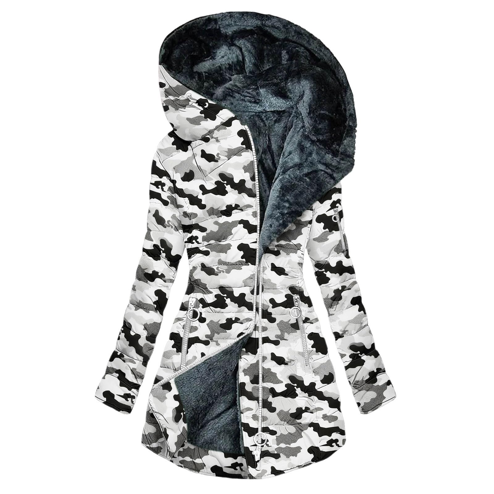 Abrigos de invierno para mujer, chaquetas acolchadas con forro polar a cuadros, talla grande, chaqueta acolchada con cremallera completa con capucha, cortavientos, bolsillos con cremallera, abrigos