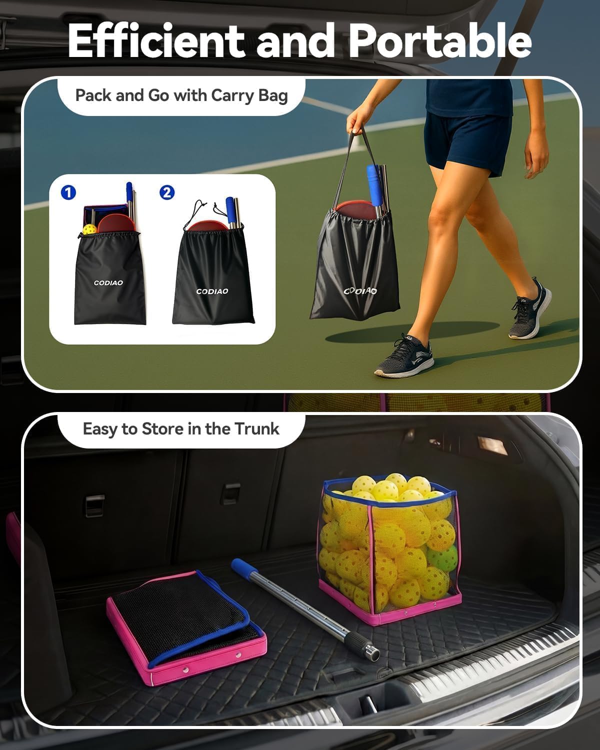 Pickleball Picker Upper 40+ Ball Capacity Hopper Holder, Foldable Basket with Telescopic Stainless Steel Handle, Quick Pickup No Bending Ball Retriever Collector, Portable for Court Training