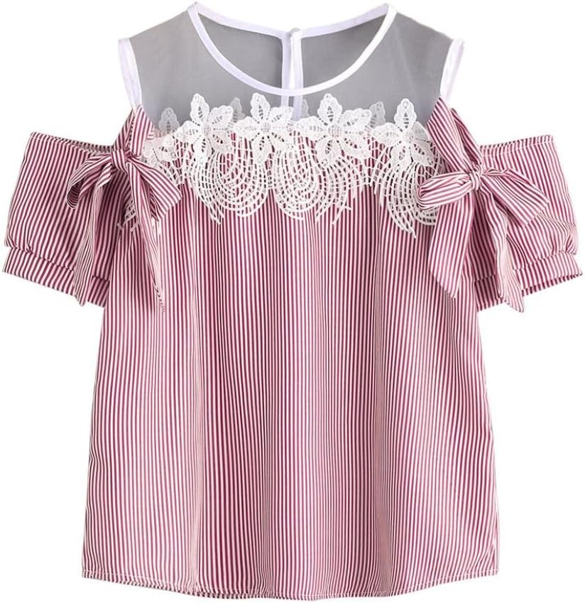 Women Short Sleeve Off Shoulder Lace Striped Blouse Casual Tops T-Shirt