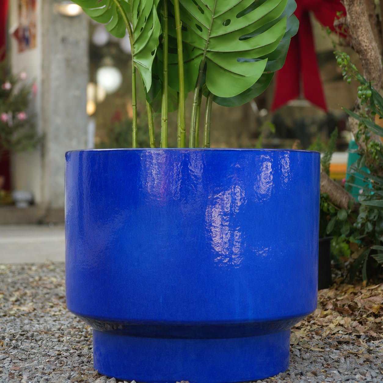 3er-Set Keramik Blumentöpfe Handgefertigt, Durchmesser 38.1/30.5/22.9 cm, Pflanzkübel Groß Außen mit Drainage für Innen und Außen, Terrasse, Gartendeko für Draußen Wetterfest, Blau Glasierte