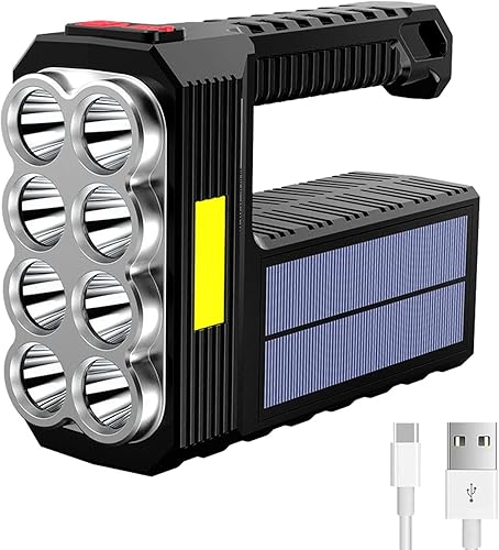 Linterna solar de 8 LED con luz lateral COB, 1000 lúmenes, linternas de mano impermeables con carga solar o USB, con 3 modos para pescar, acampar al