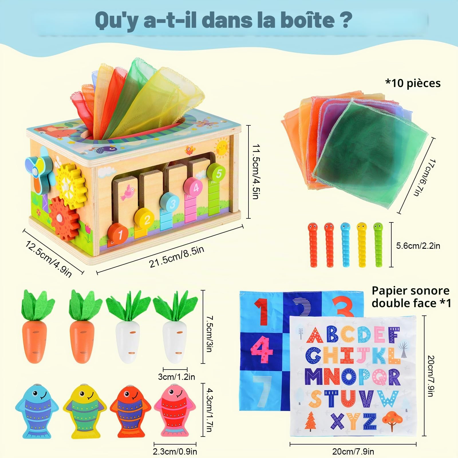 Jeux Montessori, Jouet en Bois pour Bébé 1-4 Ans, Boîte à Mouchoirs Carottes, Cube de Motricité Éducatif, Cadeau pour Garçon Fille Enfant