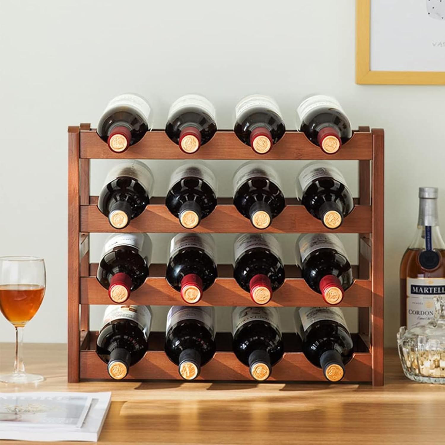 Soporte para Botellas de Vino Apilable 4 Niveles Bambú 16 Botellas