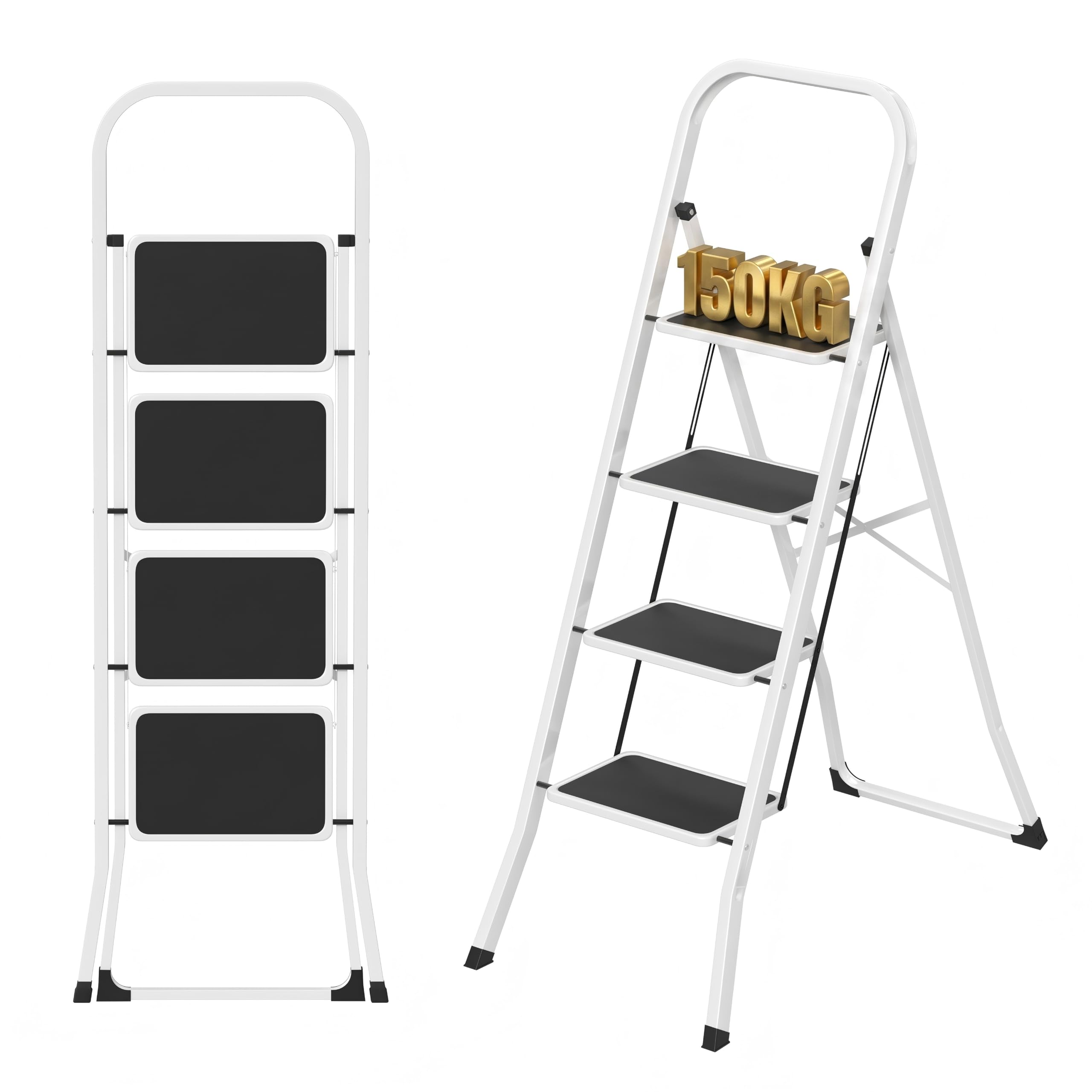 YRHome Escalera plegable de 4 peldaños con pasamanos, escalera de cocina plegable, escalera de pie, escalera de mano – Estable, peldaños extra anchos, fácil de plegar, máx. 150 kg para el hogar y la