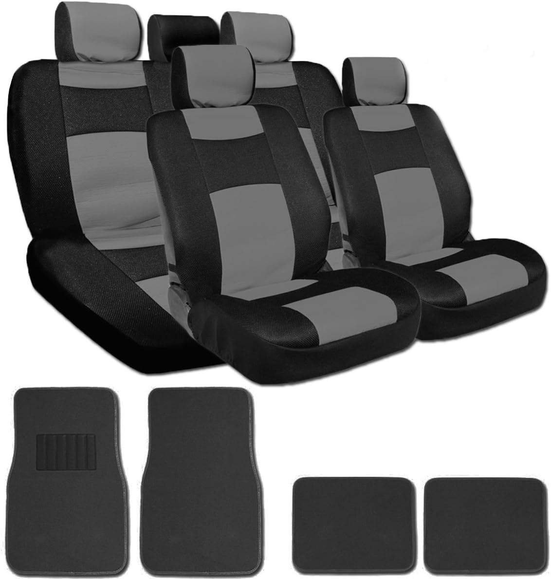 Yupbizauto Design Mulitfunctional Support 50/50, 60/40 Split Seat Side Airbag Compatible Mesh and Leatherette Car Seat Covers and Carpet Floor Mats Set with Air Freshener (Black and Grey)